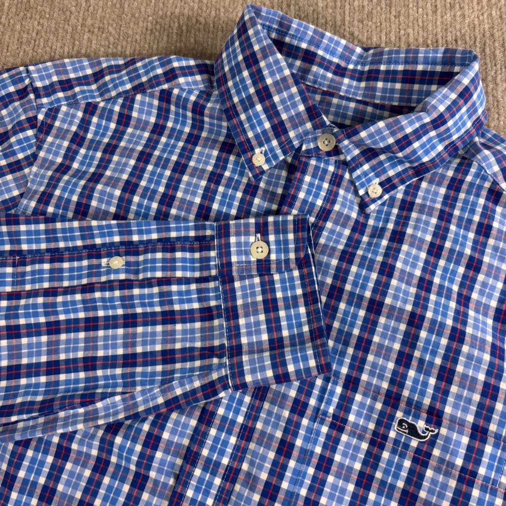 Vineyard Vines Mens Small Blue White Plaid Button Down Long Sleeve Shirt Whale